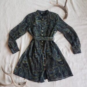 Green Paisley- Long Sheer sleeves- Button down dress SIZE XS